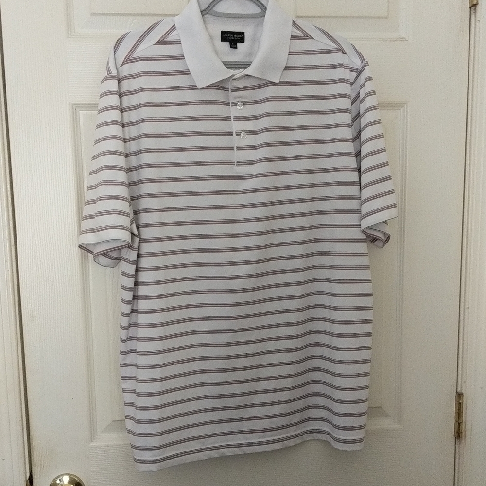 PGA Tour Men's Polo Shirt - White and Brown Stripes